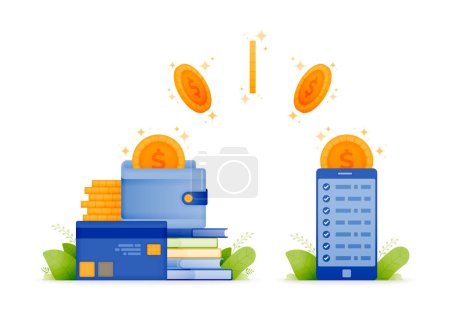 Ilustración de Illustration design for finance, investment and digital banking or cashless. money that comes out of wallet and flies to smartphone. can be used for web, website, posters, apps, brochures - Imagen libre de derechos