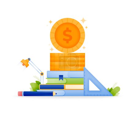 Ilustración de Design illustration for education scholarship program. a pile of coins on a pile of books and school stationery. can be used for web, website, posters, apps, brochures - Imagen libre de derechos