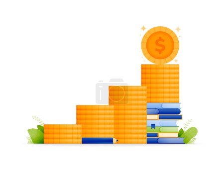 Ilustración de Design illustration of merit education scholarship funding program. coins stacked in row chart with pile of books at the top. can be used for web, website, posters, apps, brochures - Imagen libre de derechos