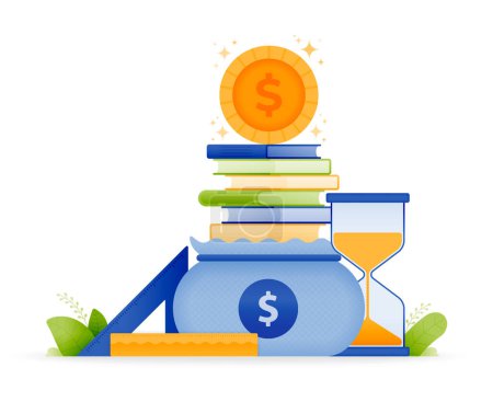 Ilustración de Design illustration of an educational funding program and scholarship with merit system. pile of books in sack with coins on top. can be used for web, website, posters, apps, brochures - Imagen libre de derechos