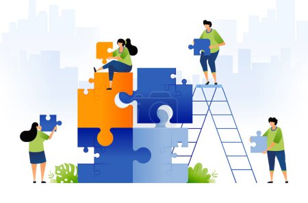 Ilustración de Illustration design of teamwork, brainstorming and problem solving. people collaborate to solve puzzles in large puzzles. game in game. can be used for web, website, posters, apps, brochures - Imagen libre de derechos
