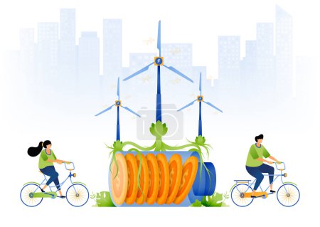 Illustration for Illustration of environmentally friendly energy with low cost and emissions. windmills and vines that bind money batteries and people cycling. can be used for web, website, posters, apps, brochures - Royalty Free Image