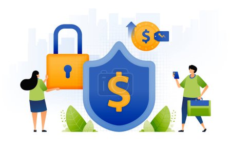 Illustration for Illustration of safe and protected financial system. people develop networked financial system more protected with dollar sign in shield. can be used for web, website, posters, apps, brochures - Royalty Free Image