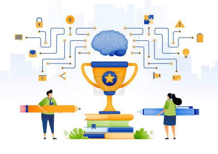 Ilustración de Illustration of artificial intelligence for education. student recipients of scholarships based on Ai tech. tropy with brains and networks. can be used for web, website, posters, apps, brochures - Imagen libre de derechos