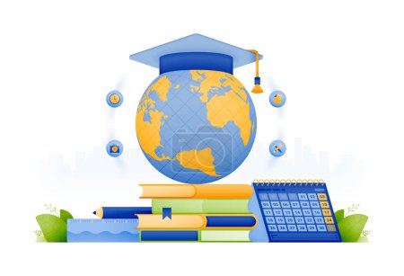 Illustration Gestaltung von Bildungsstipendien mit internationaler Finanzierung. Studienbeihilfe-Registrierungsplan für studentische Leistungen. kann für Website, Werbung, Plakat, Broschüre, Flyer verwendet werden