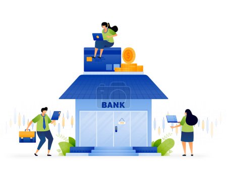Illustration for Vector illustration of investment strategies for business growth. Capital benefits of investment banking. Credit cards and loan products for businesses. Can use for ad, poster, campaign, website, apps - Royalty Free Image