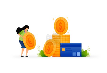 Téléchargez les illustrations : Vector illustration of savings and credit management. Personal finance and banking. Credit card payments. Coin stacking for financial freedom. Can use for ad, poster, campaign, website, apps, banner - en licence libre de droit