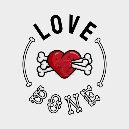 artwork illustration of wounded heart is pierced by three bones framed with the words LOVE and BONE made with bones. in outline and gothic horror cartoon style for apparel or clothing