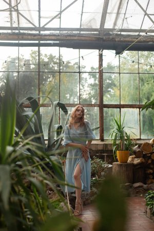 Photo for Beautiful blonde girl in tropical garden. Portrait of young woman in botanical garden. beautiful caucasian woman in glass greenhouse among colorful greenery leaves and flowers. Art portrait of a girl - Royalty Free Image