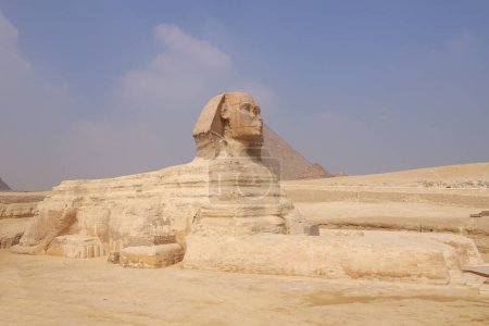 La esfinge con la gran pirámide asomándose detrás de su hombro. Giza Cairo Egipto África