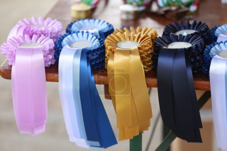 Foto de Grupo de hermosos trofeos coloridos y cintas para los ganadores y participantes en el evento ecuestre al aire libre caballo de carreras - Imagen libre de derechos