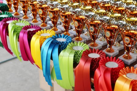 Grupo de hermosos trofeos coloridos y cintas para los ganadores y participantes en el evento ecuestre al aire libre caballo de carreras      