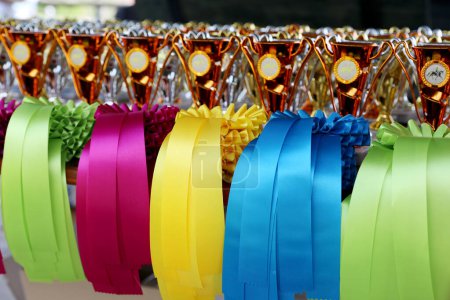 Group of beautiful colorful trophies and ribbons for the winners and participants at open air equestrian racehorse event      