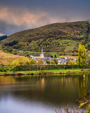 Téléchargez les photos : Village de Senheim entre vignobles escarpés et montagne luxuriante sur la Moselle après le coucher du soleil dans le district de Cochem-Zell, Allemagne - en image libre de droit