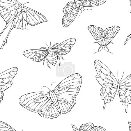 Téléchargez les photos : Ligne noire art stylisé motif papillon sans couture. Fond d'insectes volants pour la décoration des enfants, papier peint de printemps, tissu, papier d'emballage. Papillons décorés, abeilles et papillons de nuit. Nature faune répéter la conception - en image libre de droit