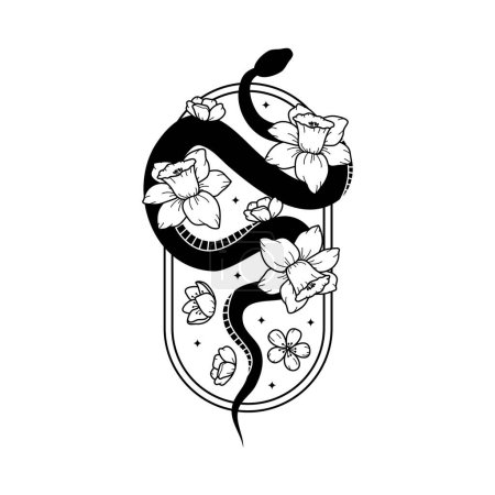 Téléchargez les photos : Serpent floral. Serpent noir dans un cadre avec des fleurs de narcisse. Tatouage animal mystique ou imprimé, élément graphique mystique sorcière. Illustration vectorielle spirituelle. Jonquilles et serpent. Fleurs d'art de ligne. - en image libre de droit