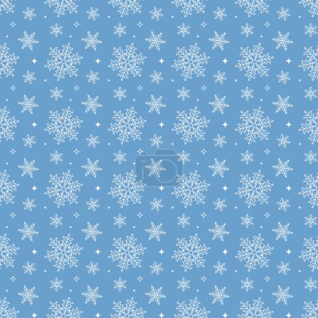 Téléchargez les photos : Flocon de neige motif simple sans couture. Neige blanche sur fond bleu. Fond abstrait, décoration enveloppante. Symbole d'hiver, Joyeux Noël, Bonne année. Illustration vectorielle plate - en image libre de droit