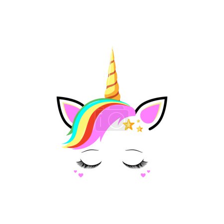 Cute unicorn with big eyelashes on a white background.