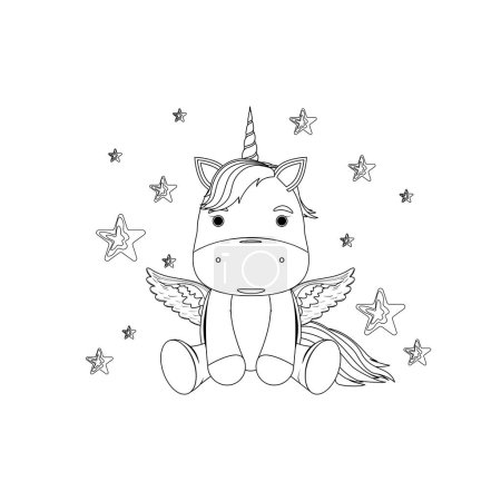 Foto de Un lindo unicornio está sentado entre las estrellas. Libro para colorear para niños. - Imagen libre de derechos
