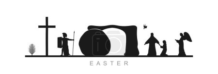 Foto de Pascua, conjunto de iconos sobre un fondo blanco. Una rama de palma, una cruz, un soldado romano, una cueva, Jesucristo, María y un ángel. - Imagen libre de derechos