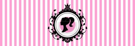 A black silhouette of a Barbie doll on a striped pink background.