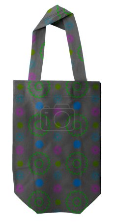 a gray polypropylene tote bag with floral decoration isolated on a white background. non woven. environmentally friendly bag