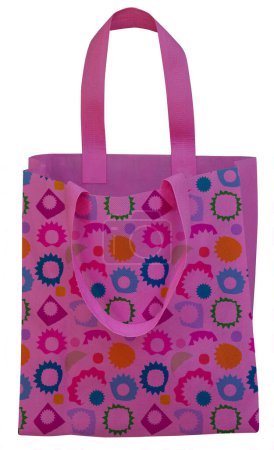 a purple polypropylene tote bag with floral decoration isolated on a white background. non woven. environmentally friendly bag