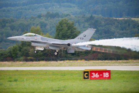 Photo for SLIAC, SLOVAKIA - AUGUST 30: Take-off of F-16 Falcon of Royal Netherlands Air Force at SIAF airshow in Sliac, Slovakia on August 30, 2014 - Royalty Free Image