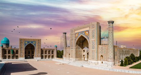 Photo for Samarkand, Uzbekistan aerial view of The Registan Square. Ulugh Beg Madrasah and the Tilya-Kori Madrasah a popular tourist attraction of Central Asia. - Royalty Free Image