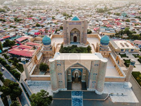 Samarkand, Uzbekistan aerial aero view of Bibi Khanym Mosque. Main place of worship and dedicated to Timur's favourite wife. Translation on mosque: "Sarai Mulk Khanum". Popular tourist place in Asia