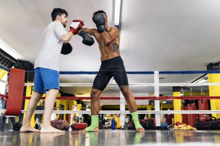 Téléchargez les photos : Vue en angle bas d'un homme avec formation mitaine avec son collègue boxeur sur anneau. Concept de boîte et de formation. - en image libre de droit
