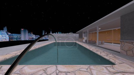 Téléchargez les photos : Rendu 3D de la maison avec piscine sur le toit - en image libre de droit