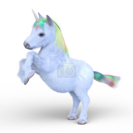 3D rendering of a unicorn with rainbow-colored mane