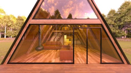 Representación 3D de una casa de techo triangular en el bosque
