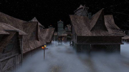 Photo for 3D rendering of the eerie village with wooden triangular roofs - Royalty Free Image