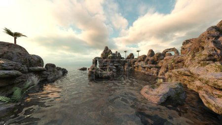 3D rendering of the rocky outcrops floating in the sea