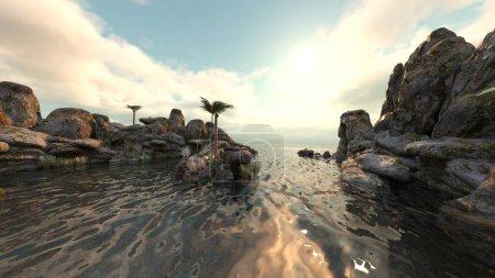 Foto de Representación en 3D de los afloramientos rocosos flotando en el mar - Imagen libre de derechos