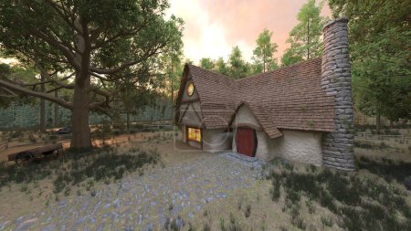 3D rendering of a triangular-roofed house in the forest