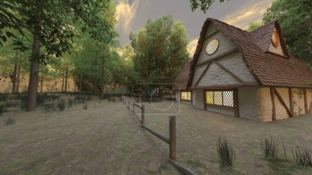 3D rendering of a triangular-roofed house in the forest