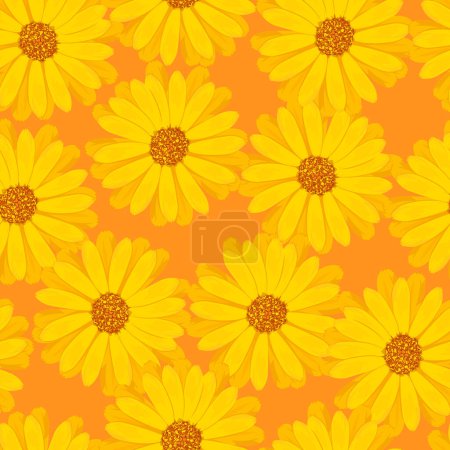 Illustration for Seamless pattern with buds of marigold flowers on an orange background - Royalty Free Image