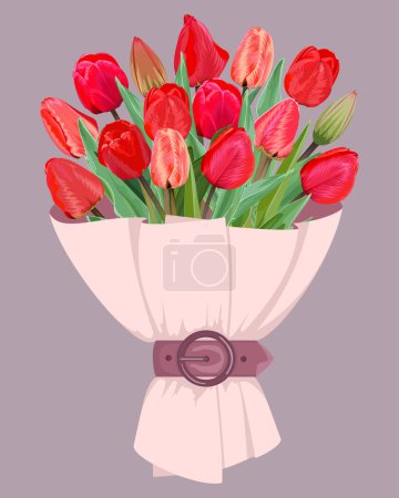  Bouquet of red tulips in powder paper with a strap on a lilac background 