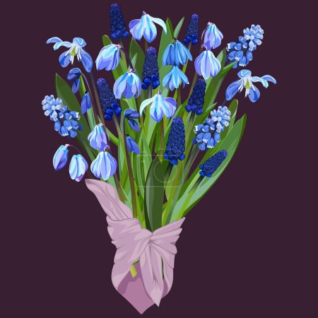 Illustration for Bouquet of snowdrops and muscari in a pink scarf on a dark background - Royalty Free Image
