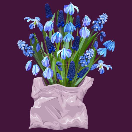 Illustration for Bouquet of snowdrops and muscari in a bag on a dark background - Royalty Free Image