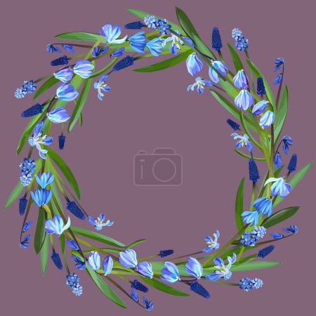 Illustration for Wreath of snowdrops and muscari on a purple background - Royalty Free Image