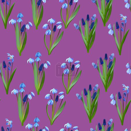 Illustration for Seamless pattern of snowdrops and muscari on a pink background - Royalty Free Image