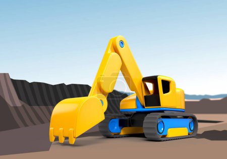 Photo for Toy style excavator on tracked frame at construction site. Three dimensional raster graphic illustration. 3d image - Royalty Free Image