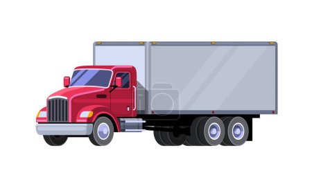Ilustración de Classic box truck with front engine. Front side view clipart drawing in flat color. Isolated red truck vector illustration. Cube vehicle. - Imagen libre de derechos