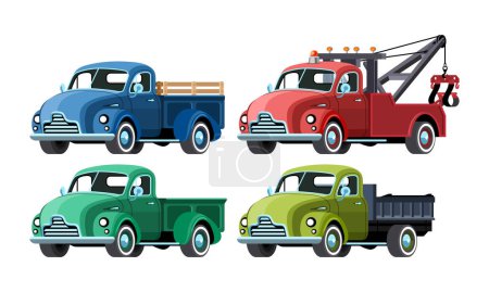 Photo for Four vintage truck set. Classic pickup truck front side view. Colorful vector illustration on white background - Royalty Free Image