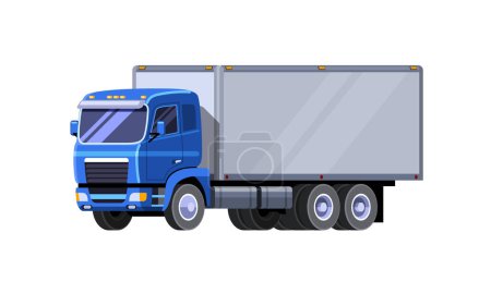 Ilustración de Classic box truck with cab over engine. Front side view clipart drawing in flat color. Isolated truck vector illustration. Cube vehicle. - Imagen libre de derechos