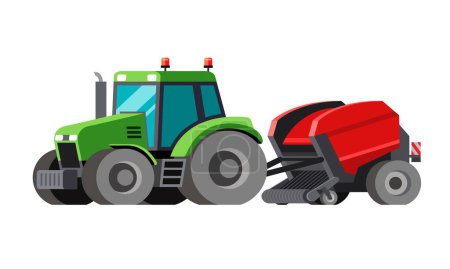 Ilustración de Farm hay baler trailed by tractor to compress a cut and raked crop into compact round bales. Colorful vector clip art on white background - Imagen libre de derechos